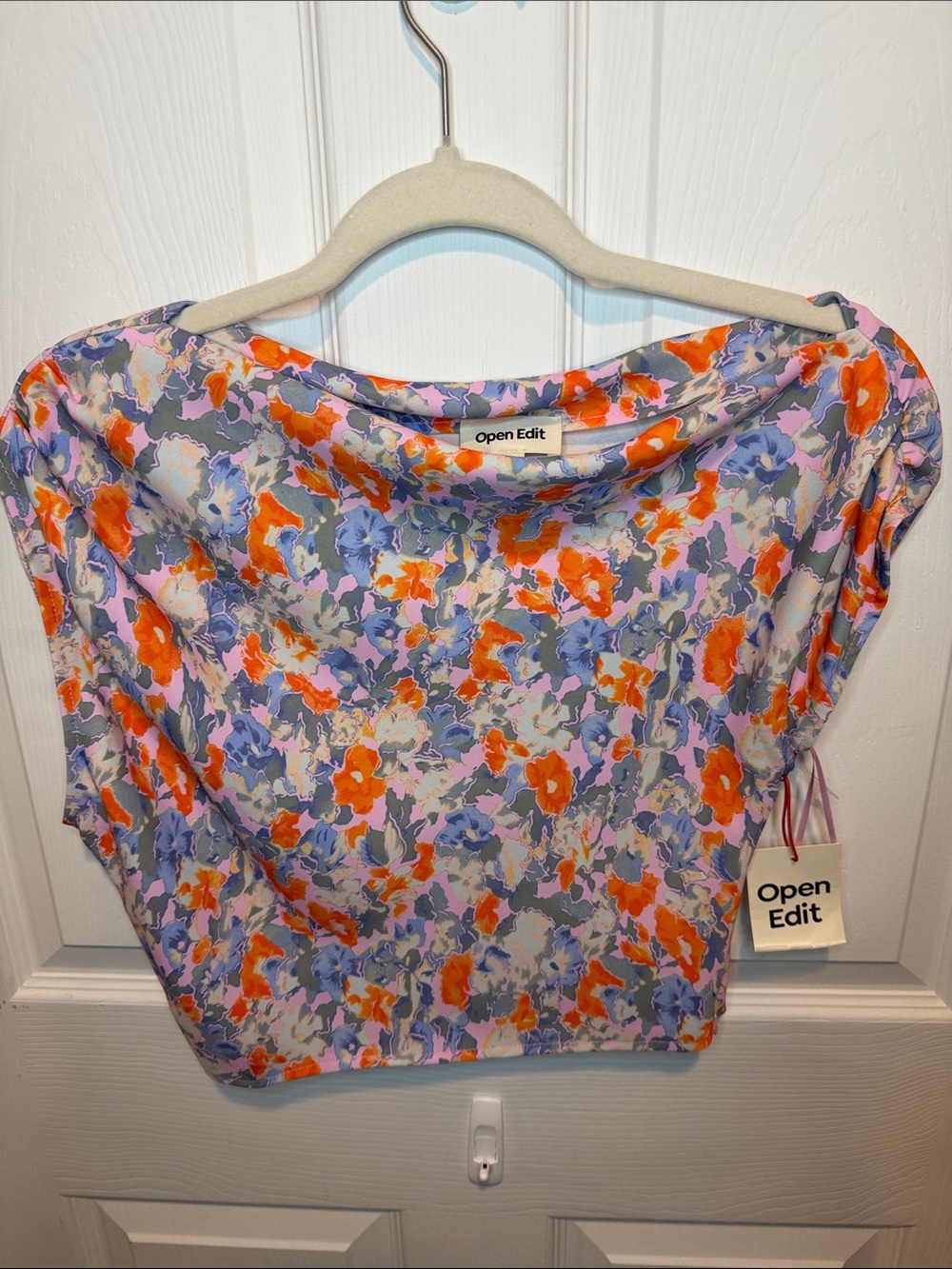 Open Edit Women's Floral Boatneck Top in Orange & Lavender